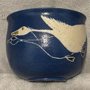 1985 Blue Stoneware Bowl Planter with Geese Design